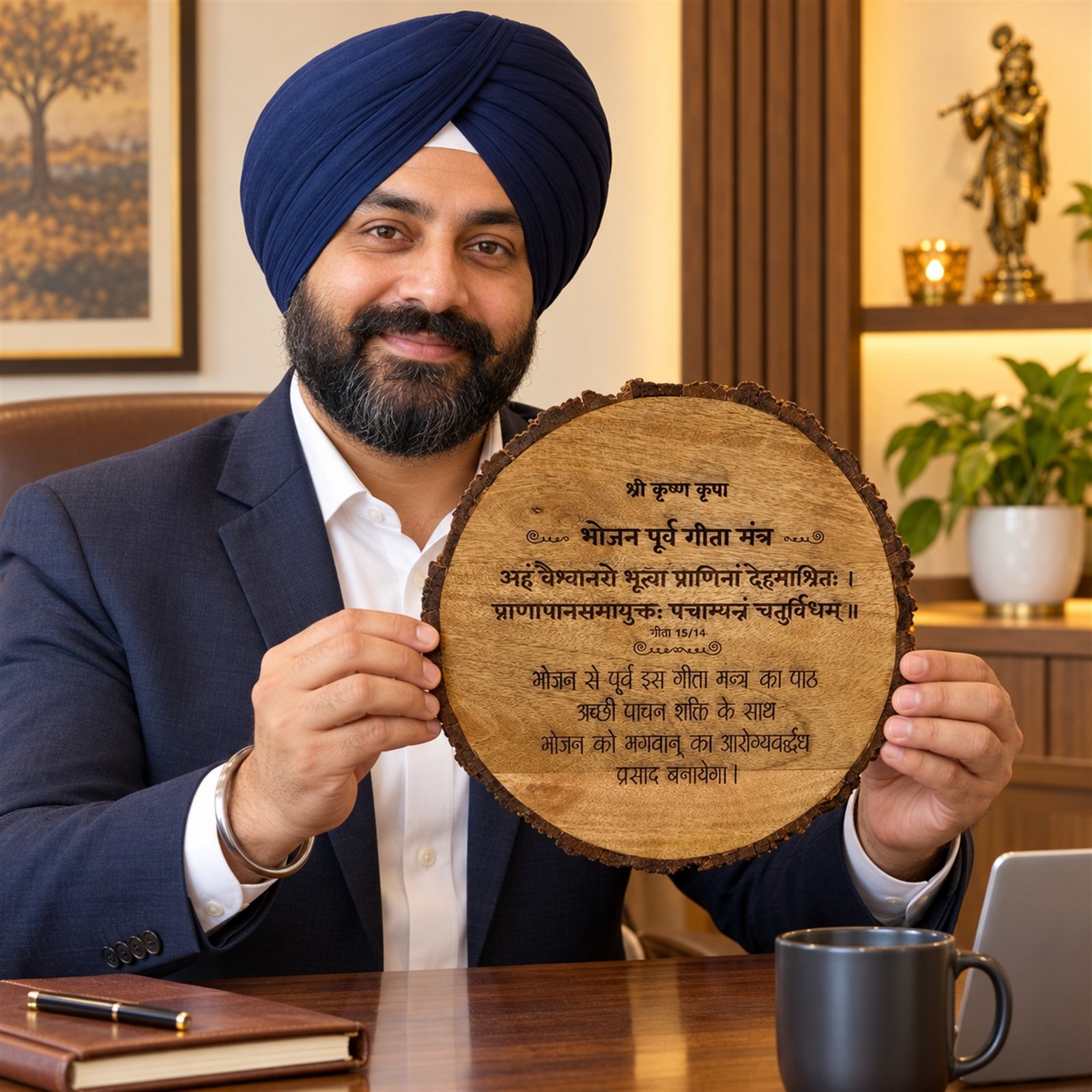 Large Round Bark-Edge Wall Plaque, Bhojan Mantra, shown in use