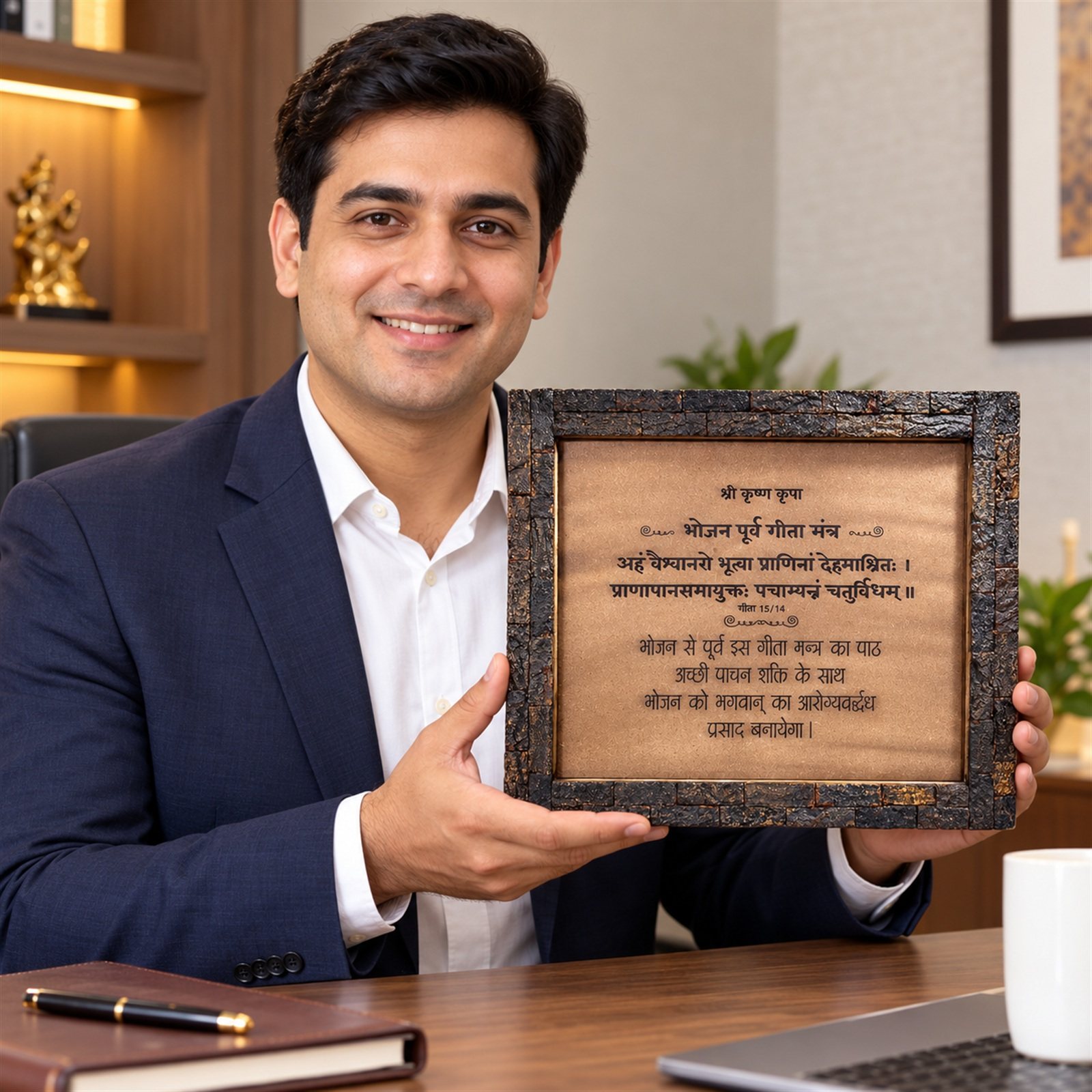 Click to zoom Framed Bark-Edge Wall Plaque, Bhojan Mantra, shown in use
