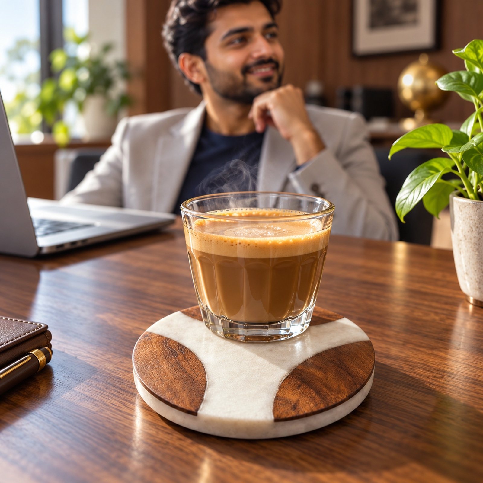 Click to zoom Marble Stone + Wood Inlay Coaster, shown in use