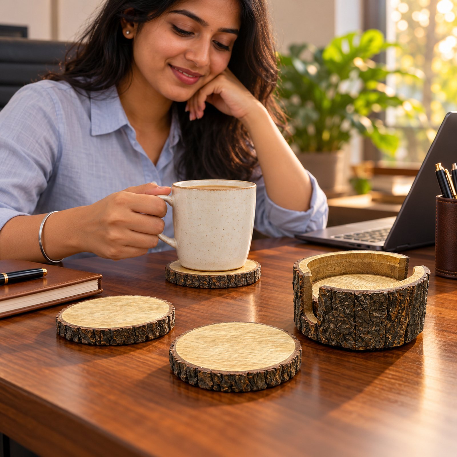 Click to zoom Wood Coaster with Bark Set of 4 & Caddy, shown in use