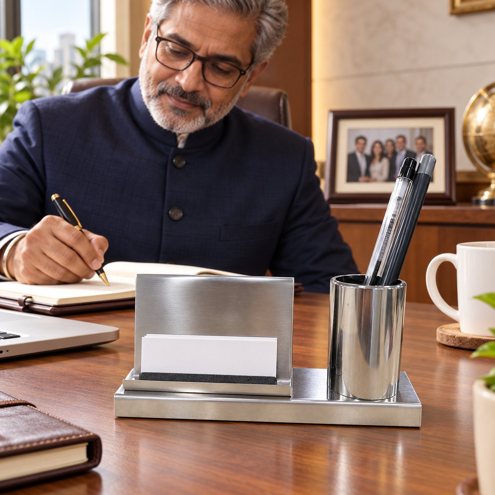 Metallic Pen Stand & Card Holder, shown in use
