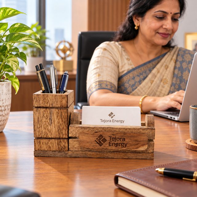 Mango Wood Pen and Phone Stand / Visiting Card Holder, shown in use