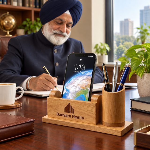 Mango Wood Pen Stand with Box, shown in use