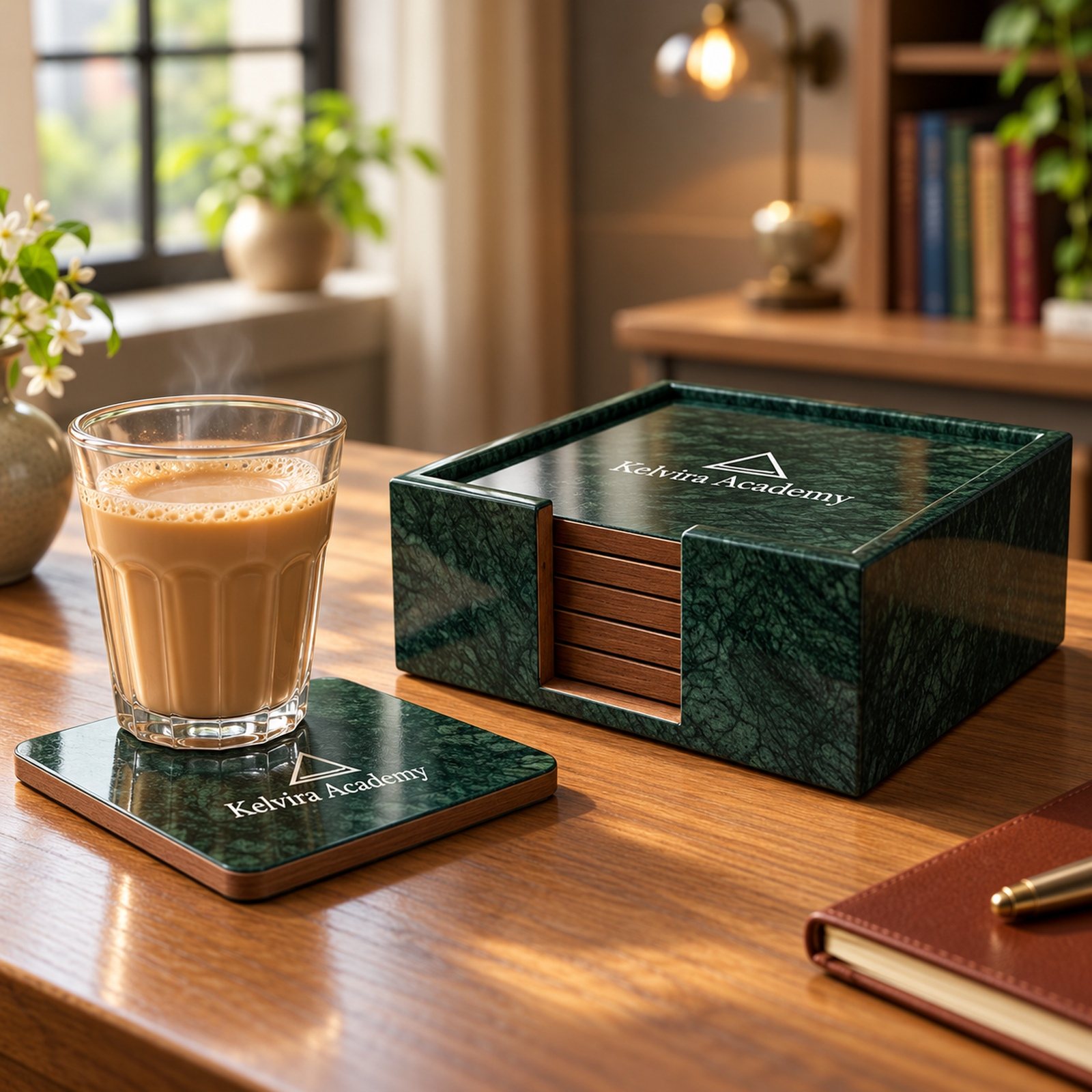 MDF Coaster 6 Pcs with Meena Work & Printed Caddy, shown in use