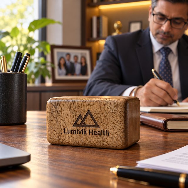 Wooden Paperweight, Wide, shown in use