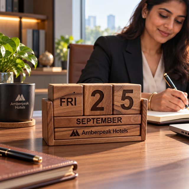 Perpetual Calendar Wooden, Geometric, shown in use