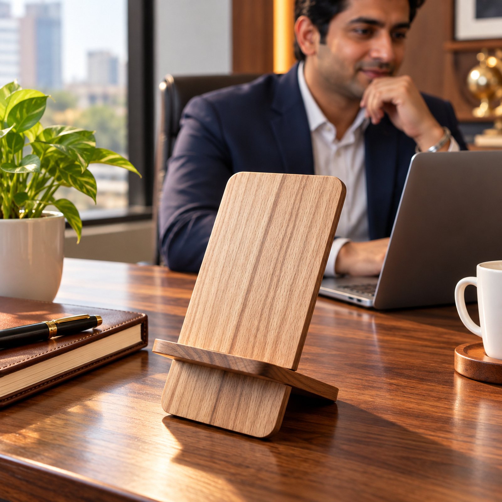 Click to zoom Wooden Mobile Stand, Dark, shown in use