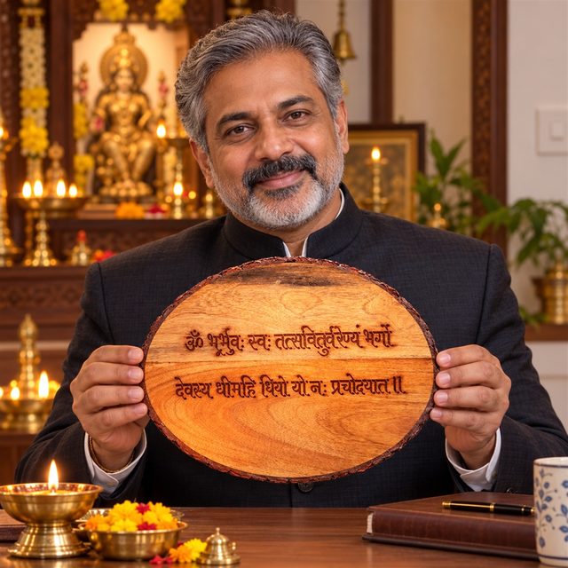 Mango Wood Bark-Edge Plaque, Gayatri Mantra, shown in use