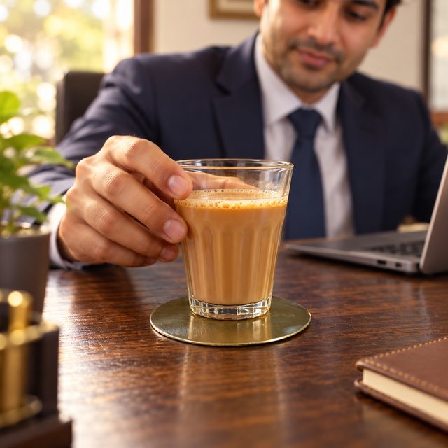 Brass Coaster, Round, shown in use