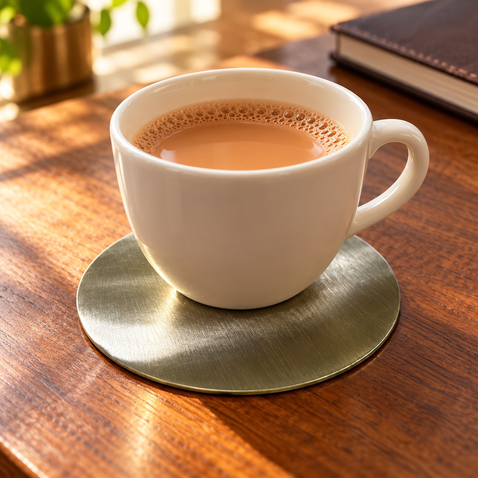 Brass Coaster, Dark, shown in use