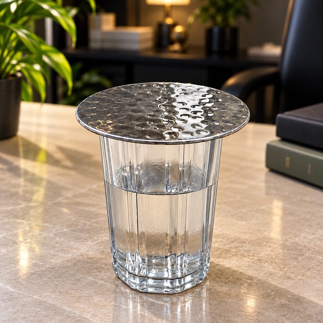 Aluminium Coaster / Topper with Engraving, shown in use