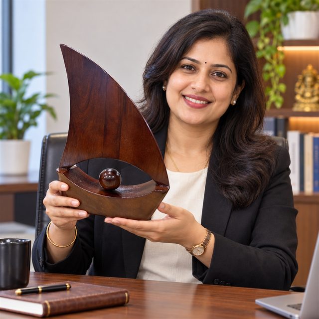 Sail-Shaped Wooden Trophy with Ball, customised with a company logo