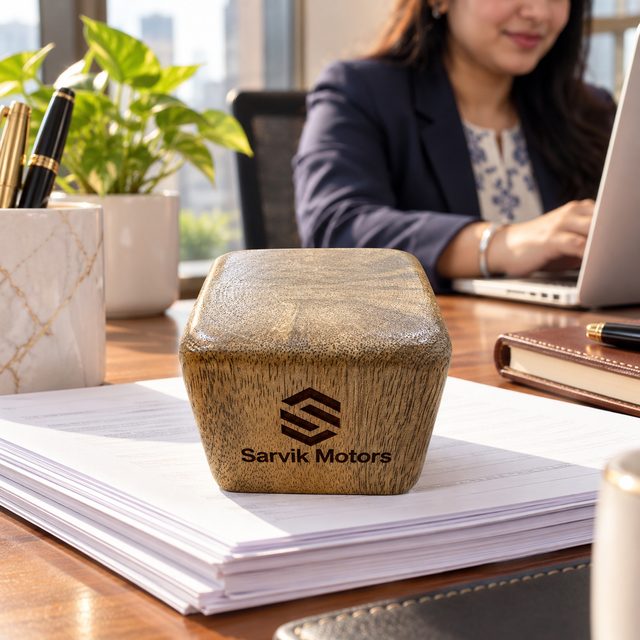 Wood Paperweight, Dark, shown in use