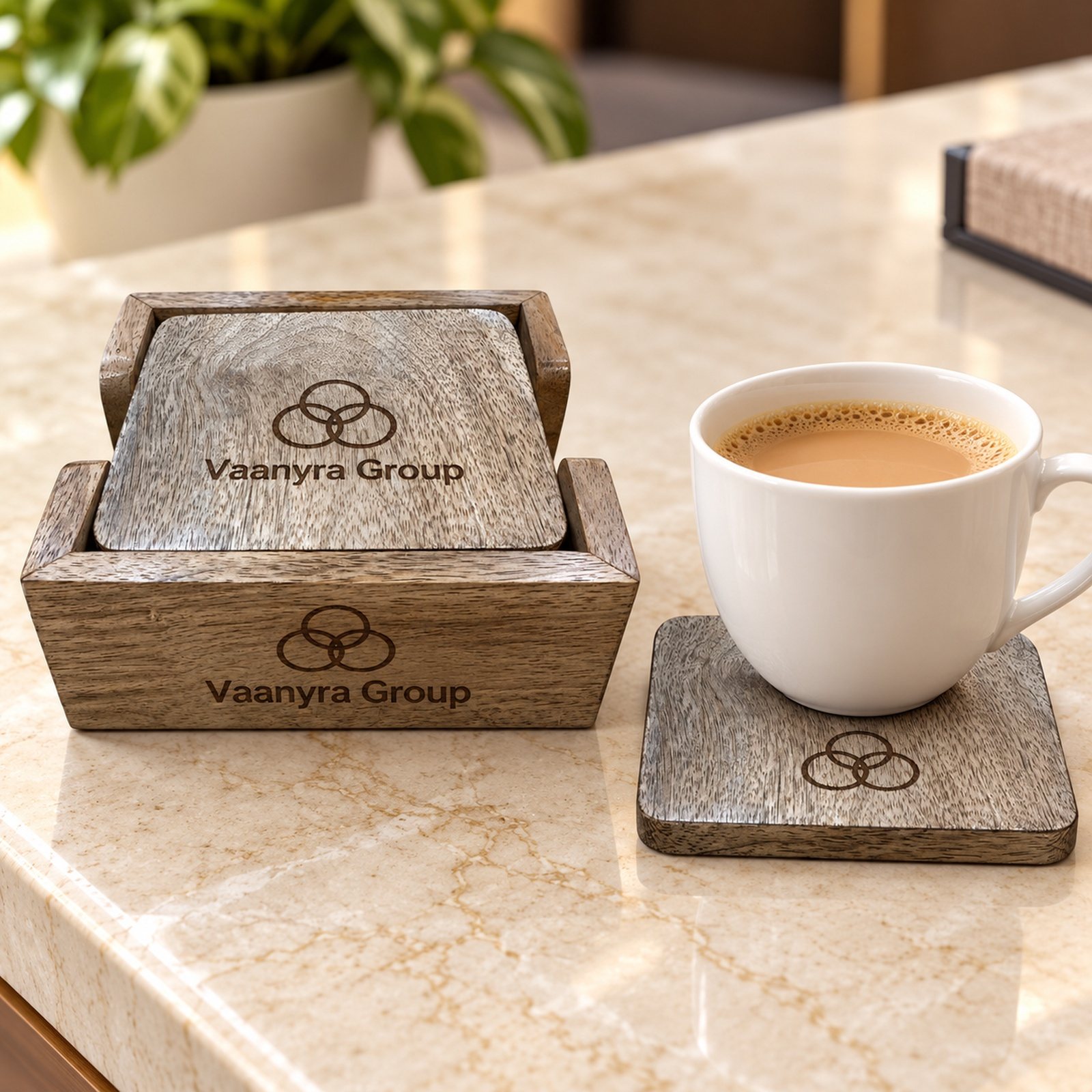 Click to zoom Mango Wood Coaster Set of 4 Pcs with Caddy, Square, shown in use