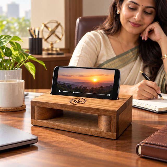 Mobile Stand & Sound Opener, Geometric, shown in use