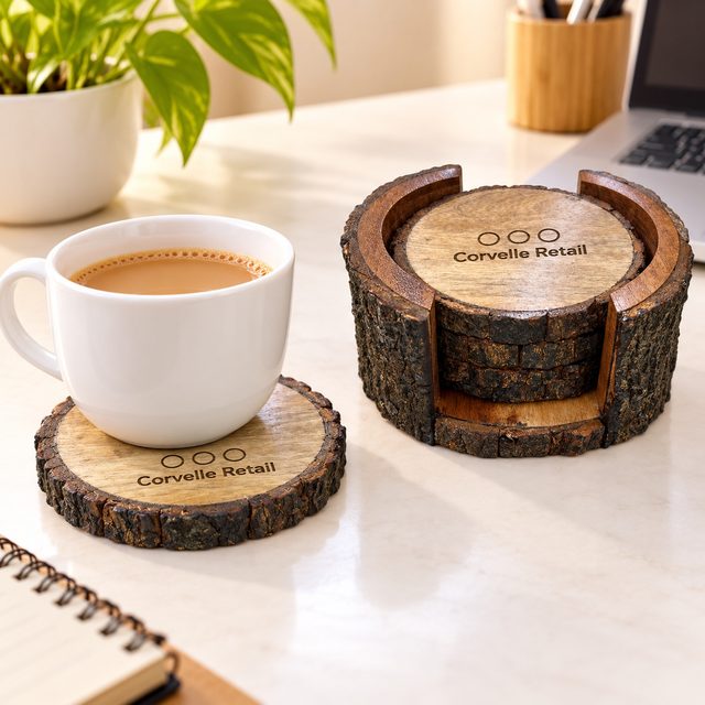 Mango Wood Coaster with Bark Work Set of 4 Pcs with Caddy, shown in use