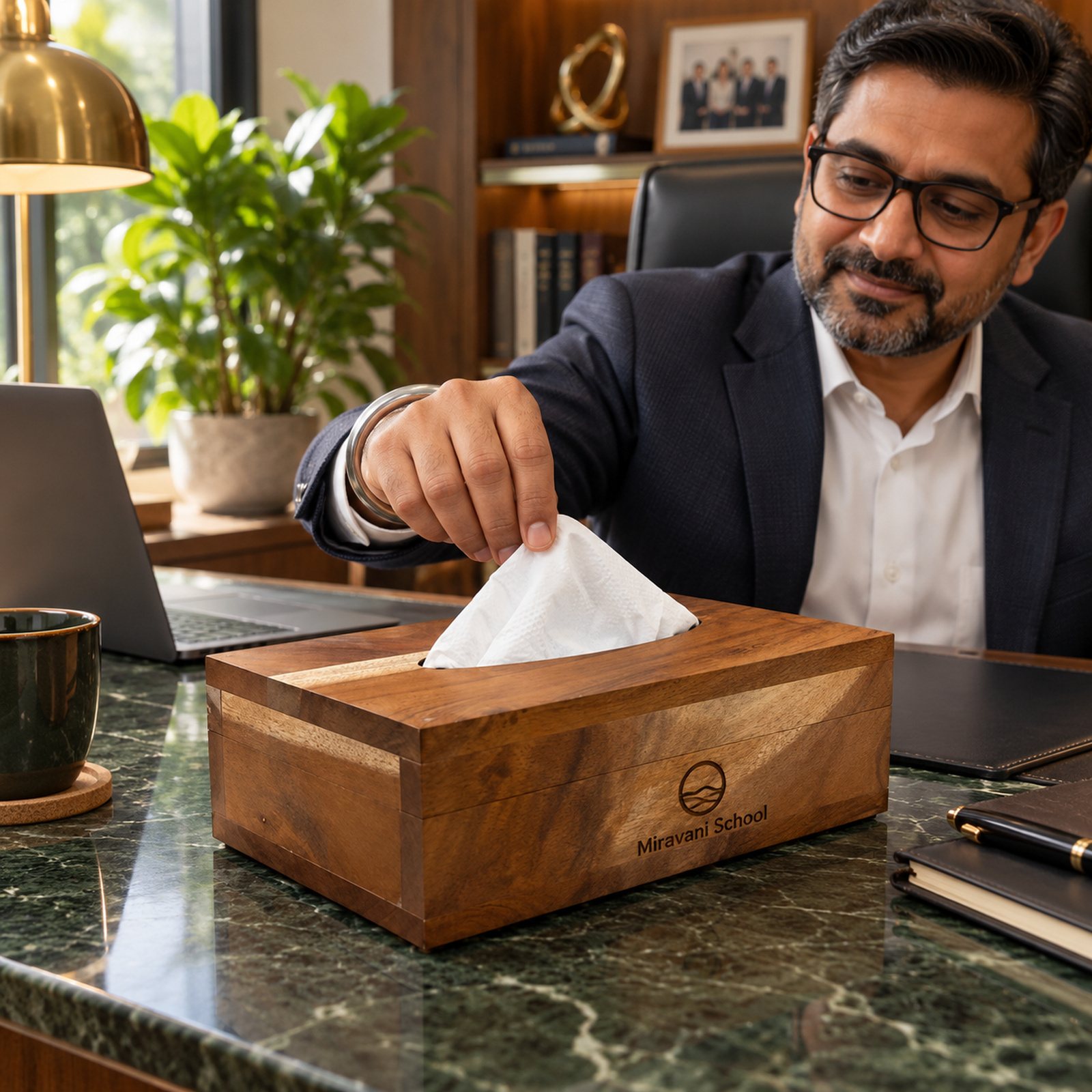 Wood Tissue Paper Box, shown in use