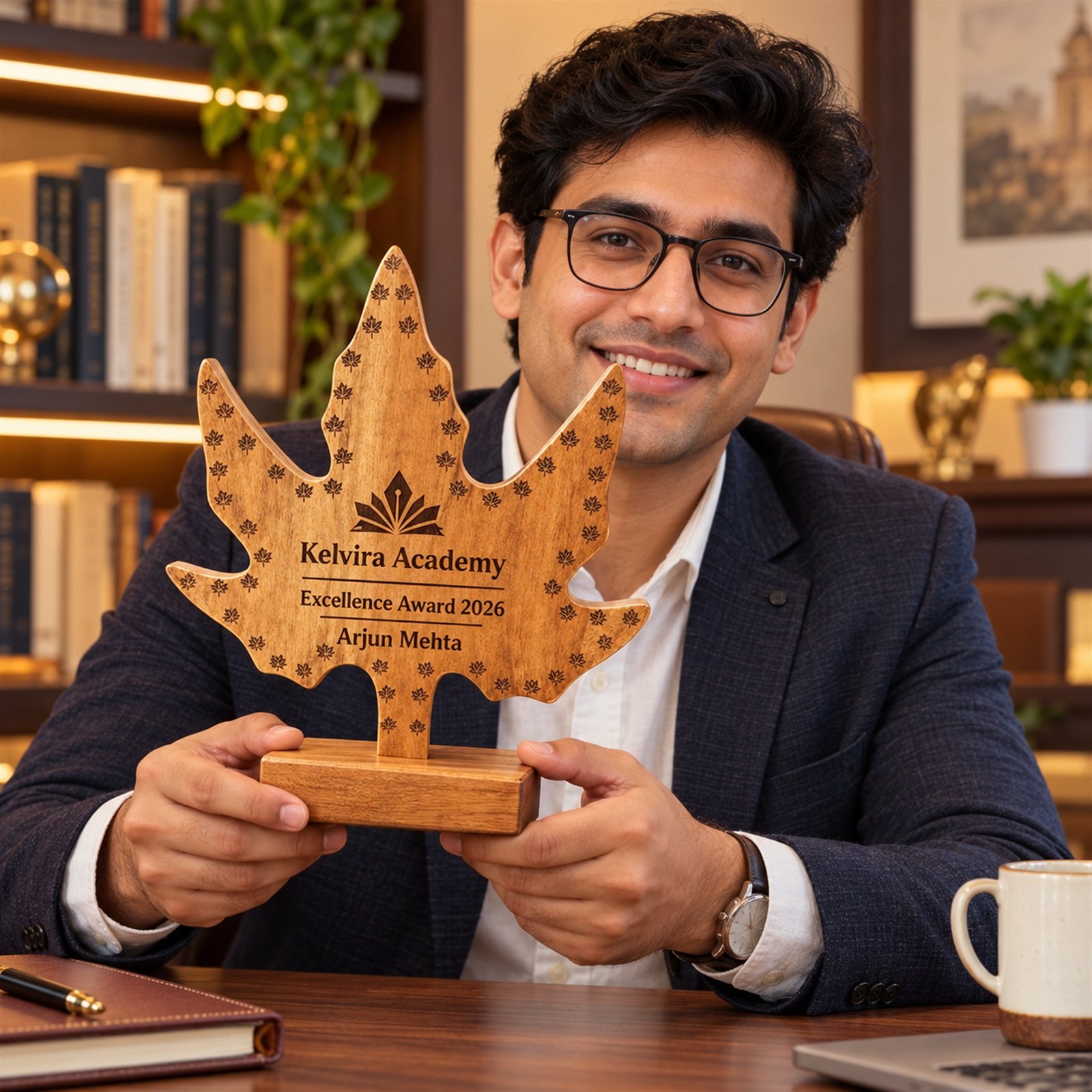 Click to zoom Leaf Cut-Out Wooden Trophy, customised with a company logo