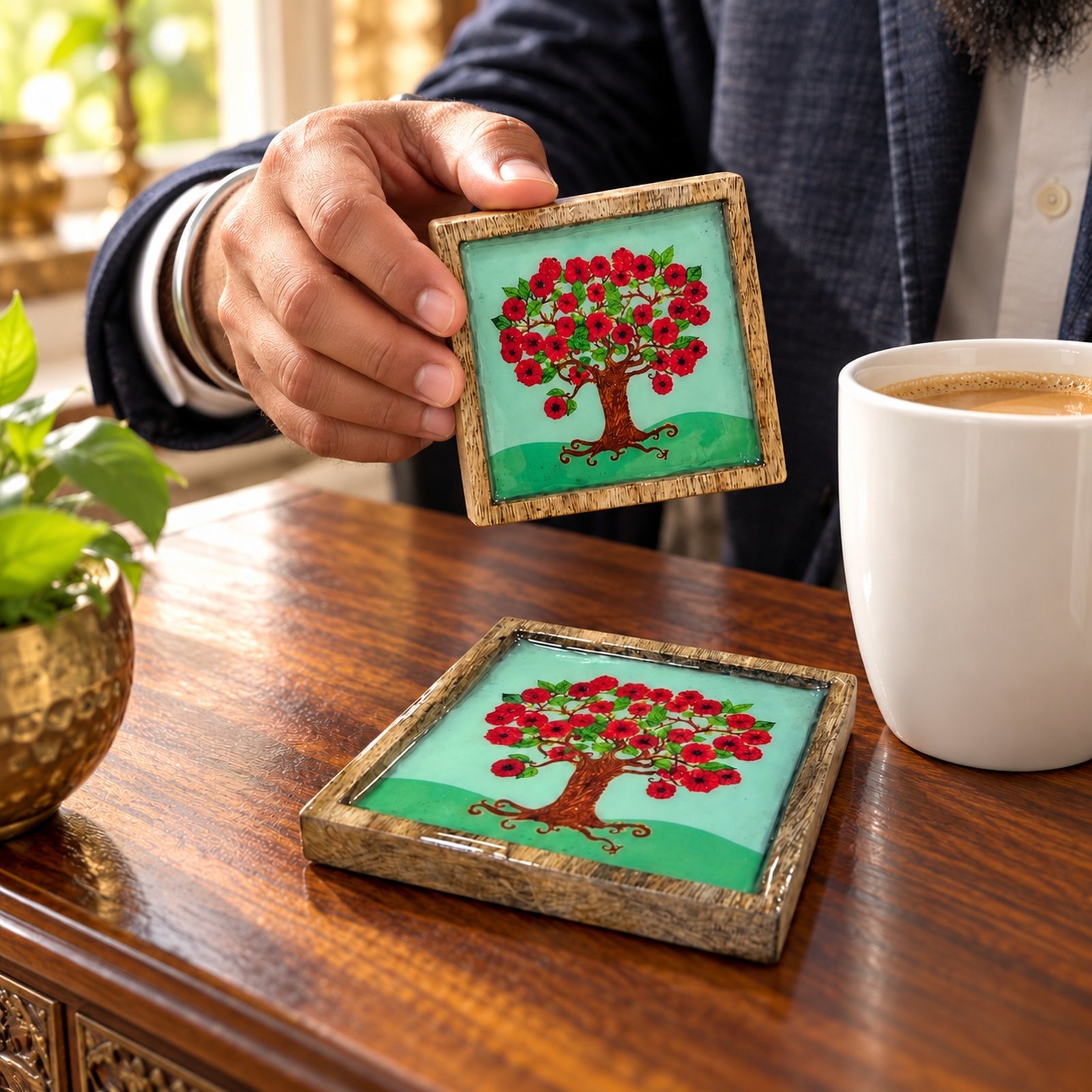 Click to zoom Coaster Set of 2 Pcs, Tree, shown in use