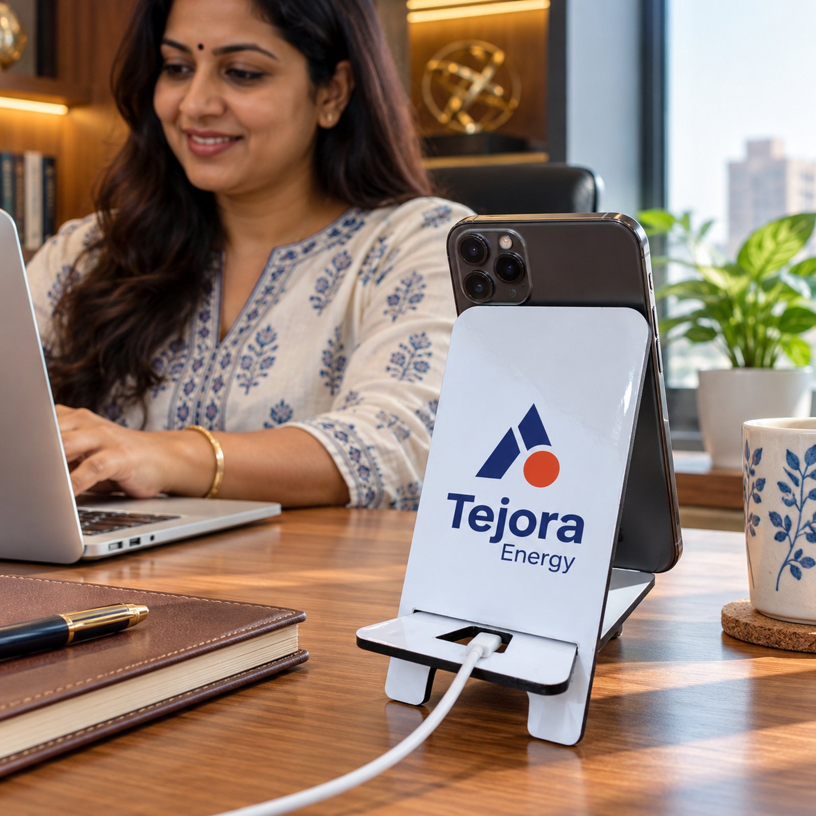 Phone Stand with Meena Work, shown in use