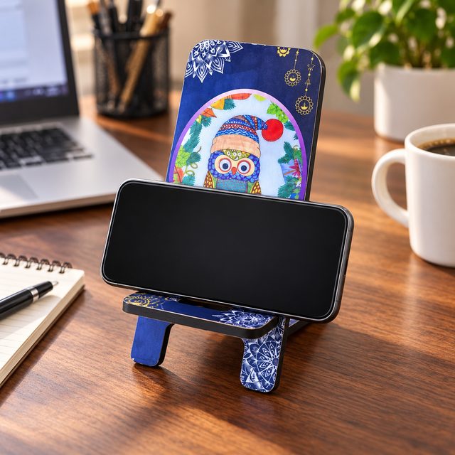 MDF Printed Mobile Stand, Design 3, shown in use