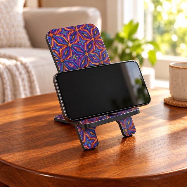 MDF Printed Mobile Stand, Design 4, shown in use