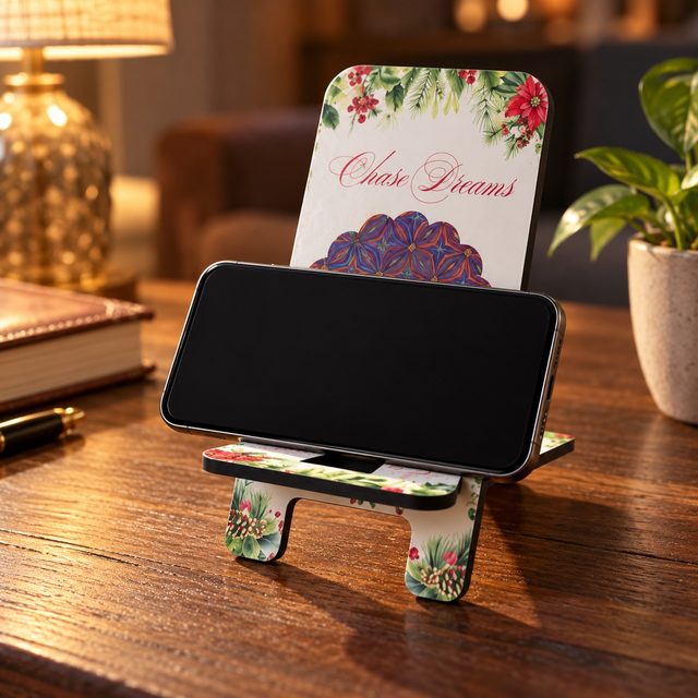 MDF Printed Mobile Stand, Design 7, shown in use