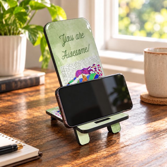 MDF Printed Mobile Stand, Design 8, shown in use