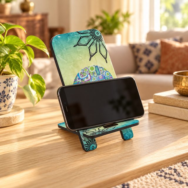 MDF Printed Mobile Stand, Design 9, shown in use