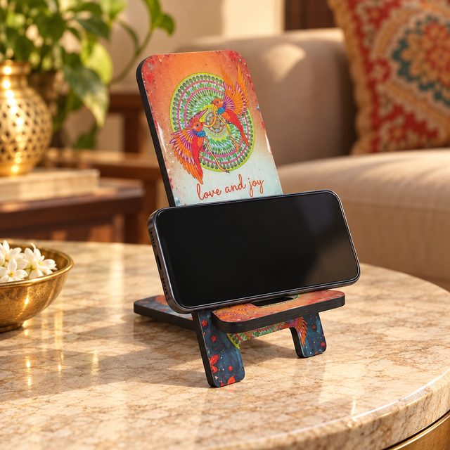 MDF Printed Mobile Stand, Design 10, shown in use
