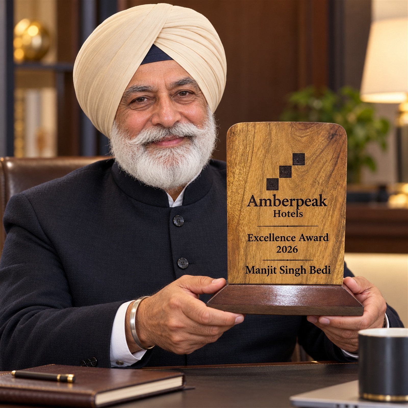 Wooden Award Trophy on Dark Base, customised with a company logo