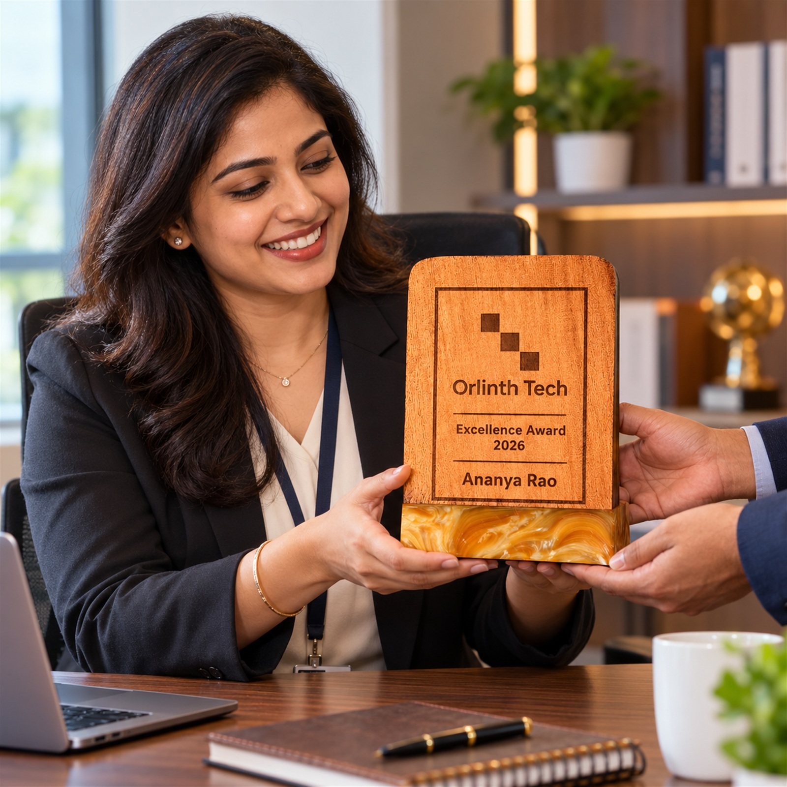 Click to zoom Wooden Award Shield on Resin Base, customised with a company logo