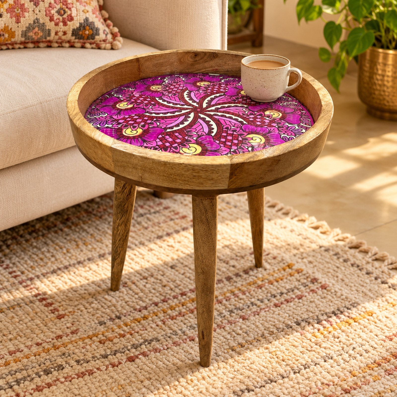Click to zoom Handpained Reprint Side Table with Three Removable Legs with Metal Screws, shown in use