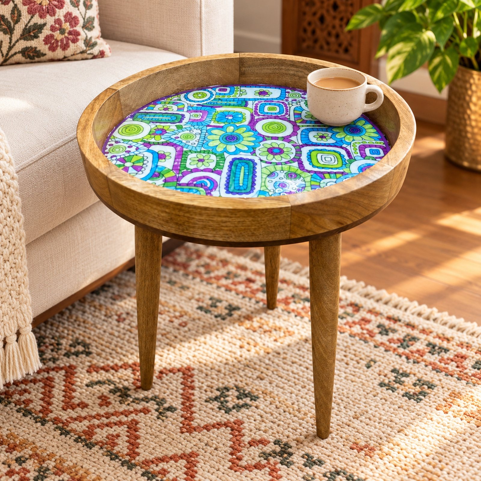 Click to zoom Wooden Table with Removable Legs, Mandala, shown in use
