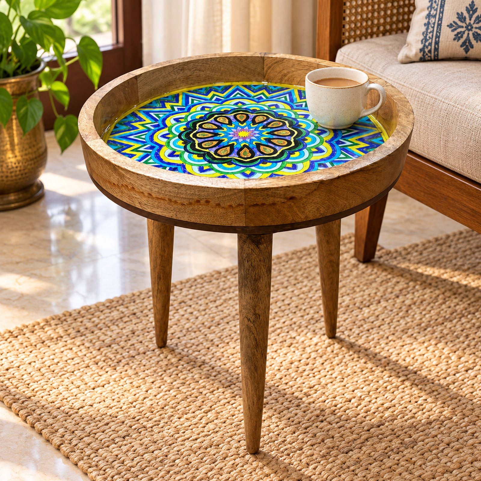 Wooden Table with Removable Legs, Light Mandala, shown in use