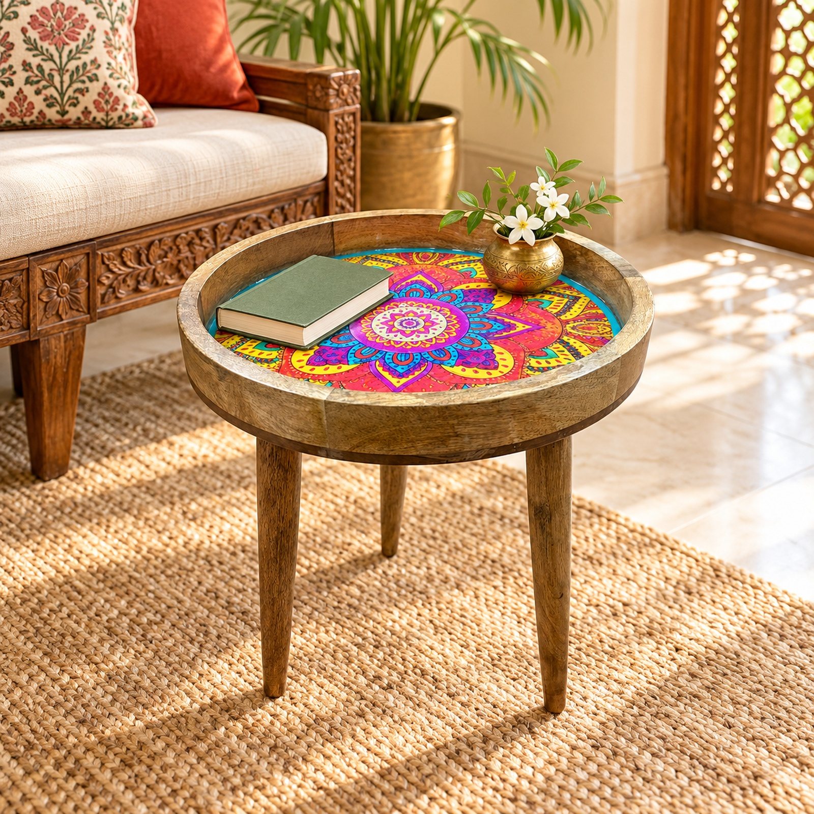 Click to zoom Wooden Table with Removable Legs, Turquoise, shown in use