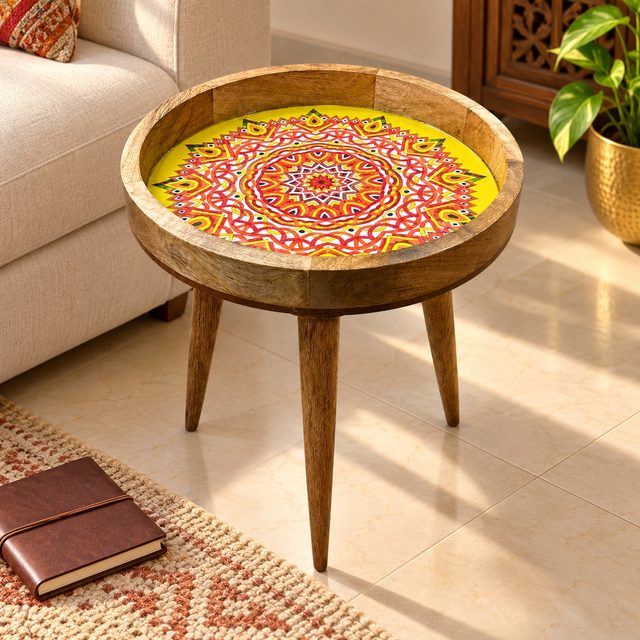 Wooden Table with Removable Legs, Dark, shown in use