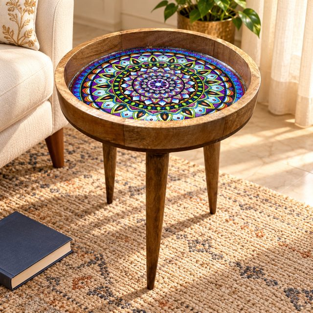 Wooden Table with Removable Legs, Blue, shown in use