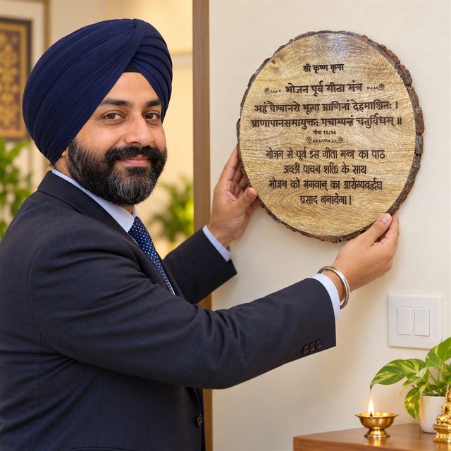 Round Bark-Edge Plaque, Bhojan Mantra, shown in use