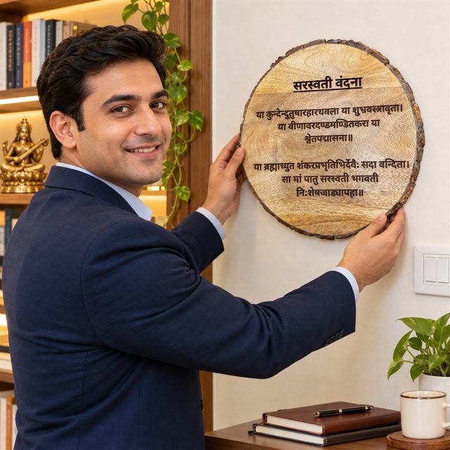 Round Bark-Edge Plaque, Saraswati Vandana, shown in use