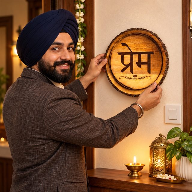 Round Wooden Wall Plaque, Prem, shown in use