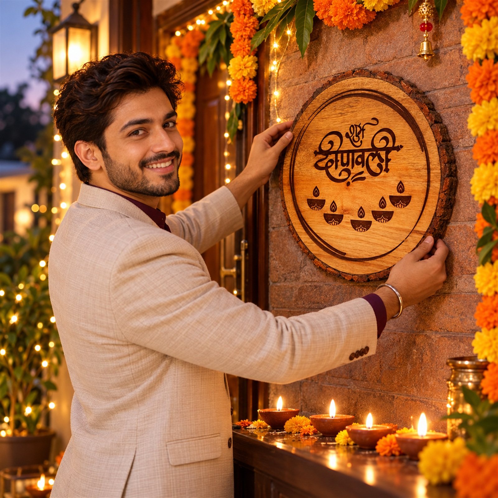 Click to zoom Round Wooden Wall Plaque, Shubh Deepawali, shown in use