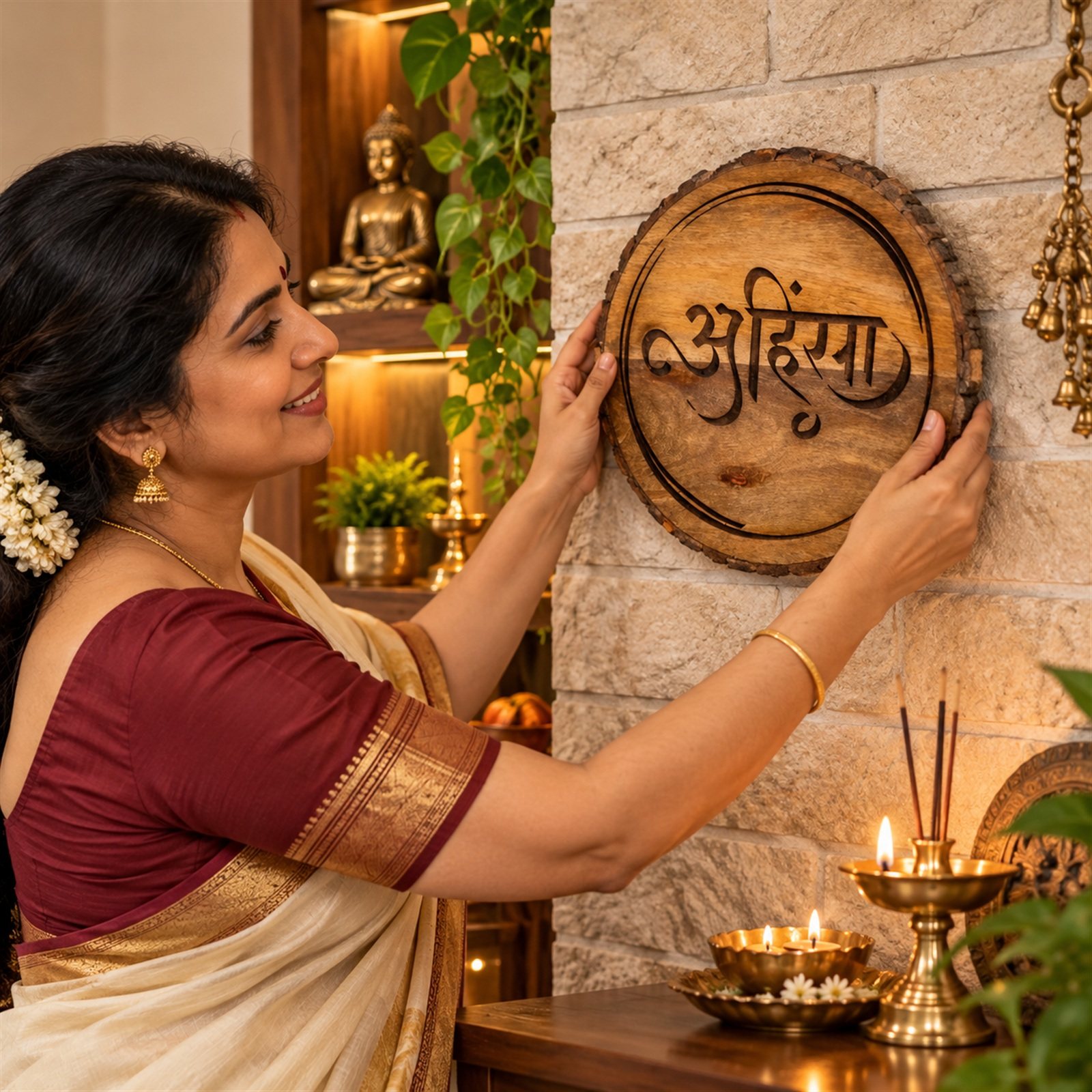 Click to zoom Round Wooden Wall Plaque, Ahimsa, shown in use
