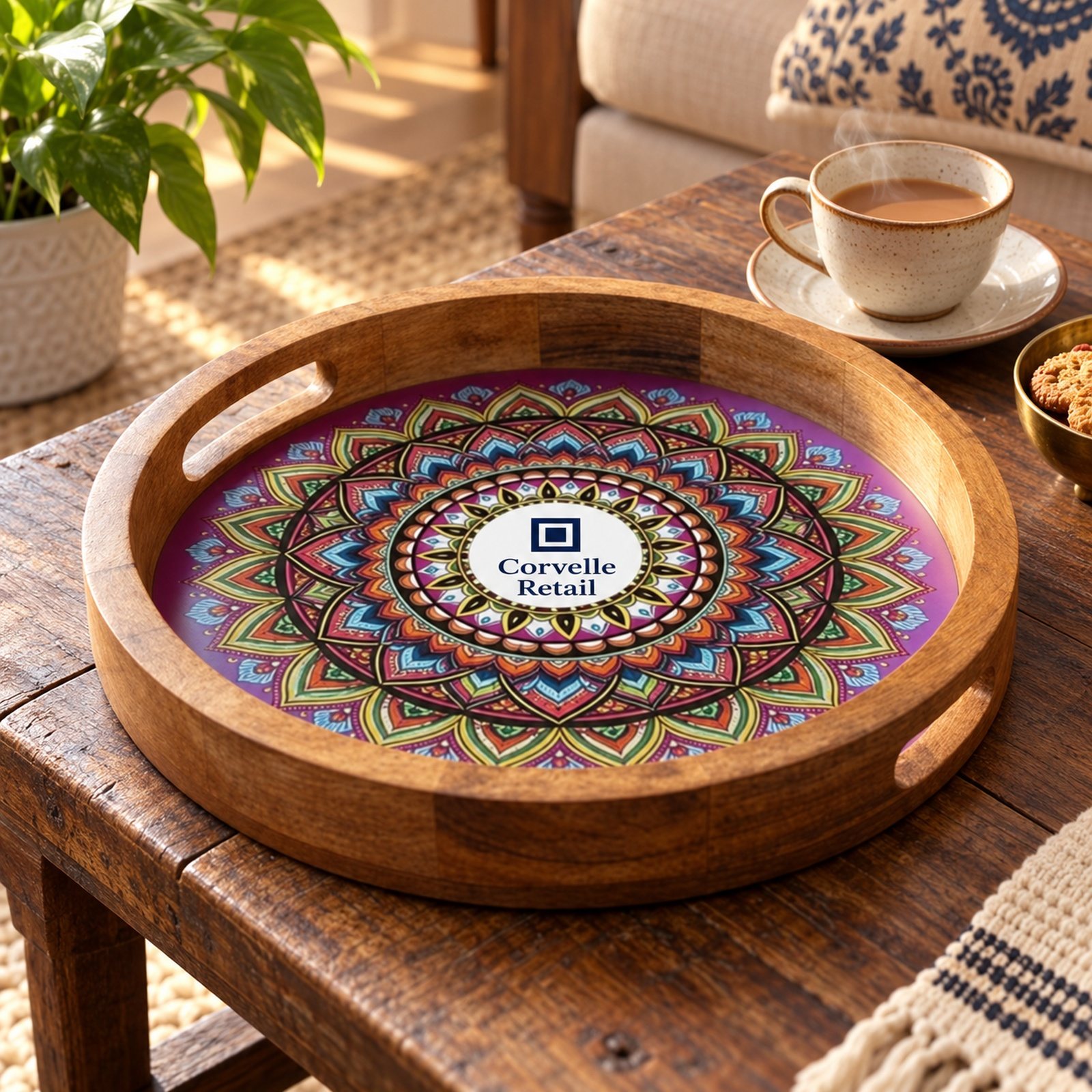 Click to zoom Wooden Tray with Meena Work, shown in use