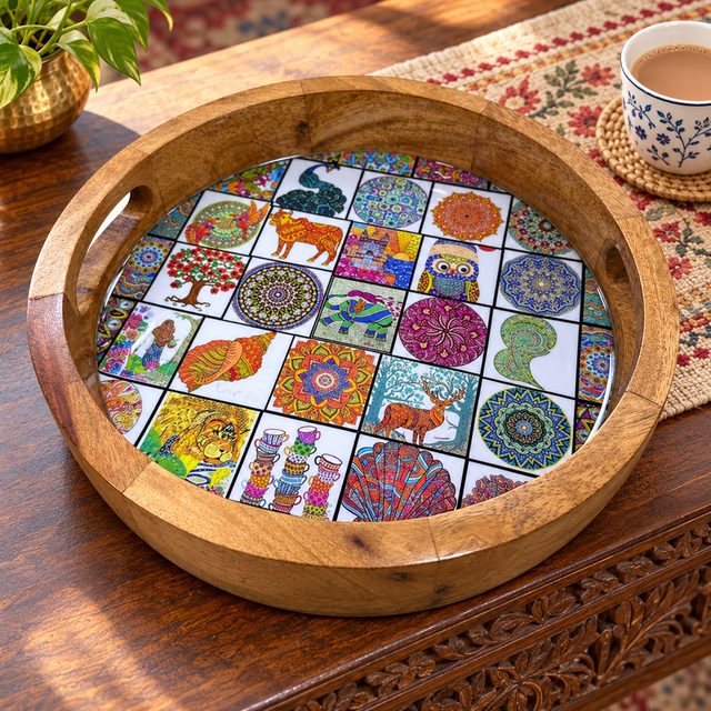 Mango Wood Round Tray, Dark, shown in use