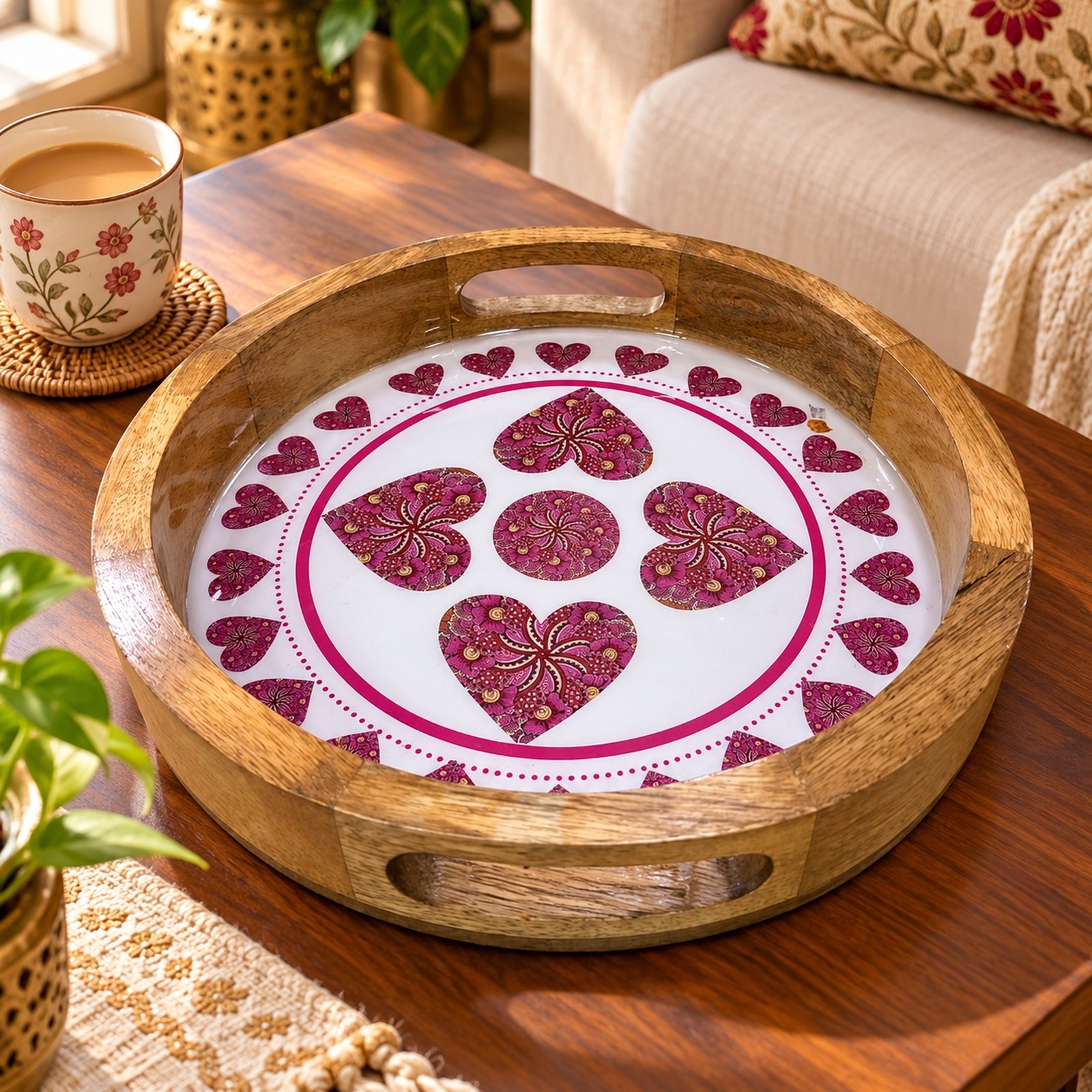 Click to zoom Mango Wood Round Tray, Light, shown in use