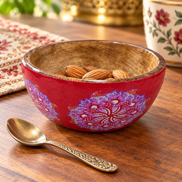 Wooden Bowl, Geometric, shown in use