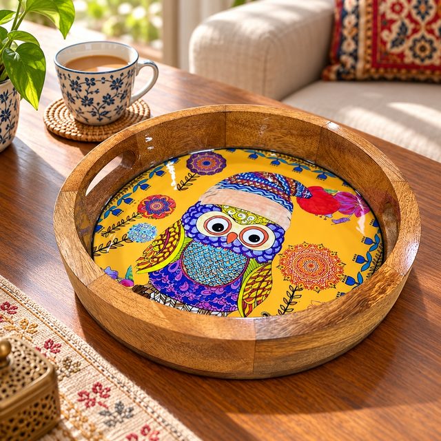 Mango Wood Round Tray, Owl, shown in use