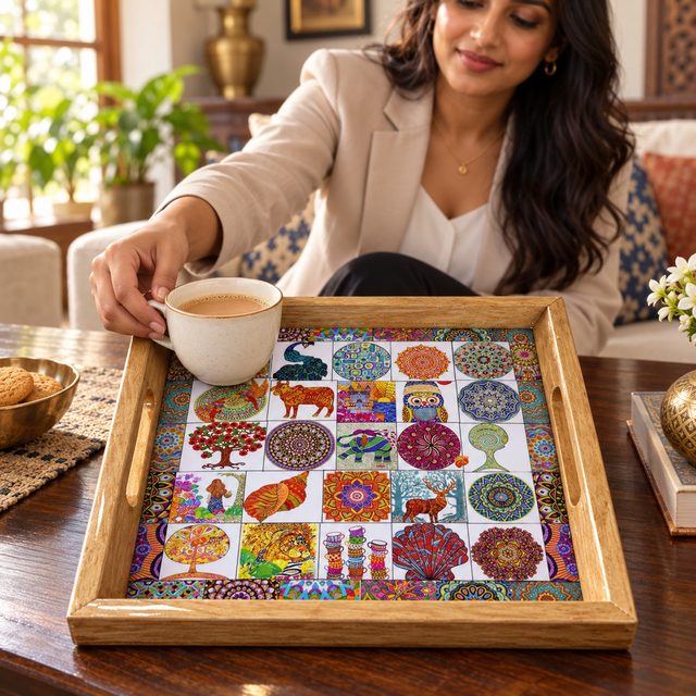 Square Tray, Dark, shown in use