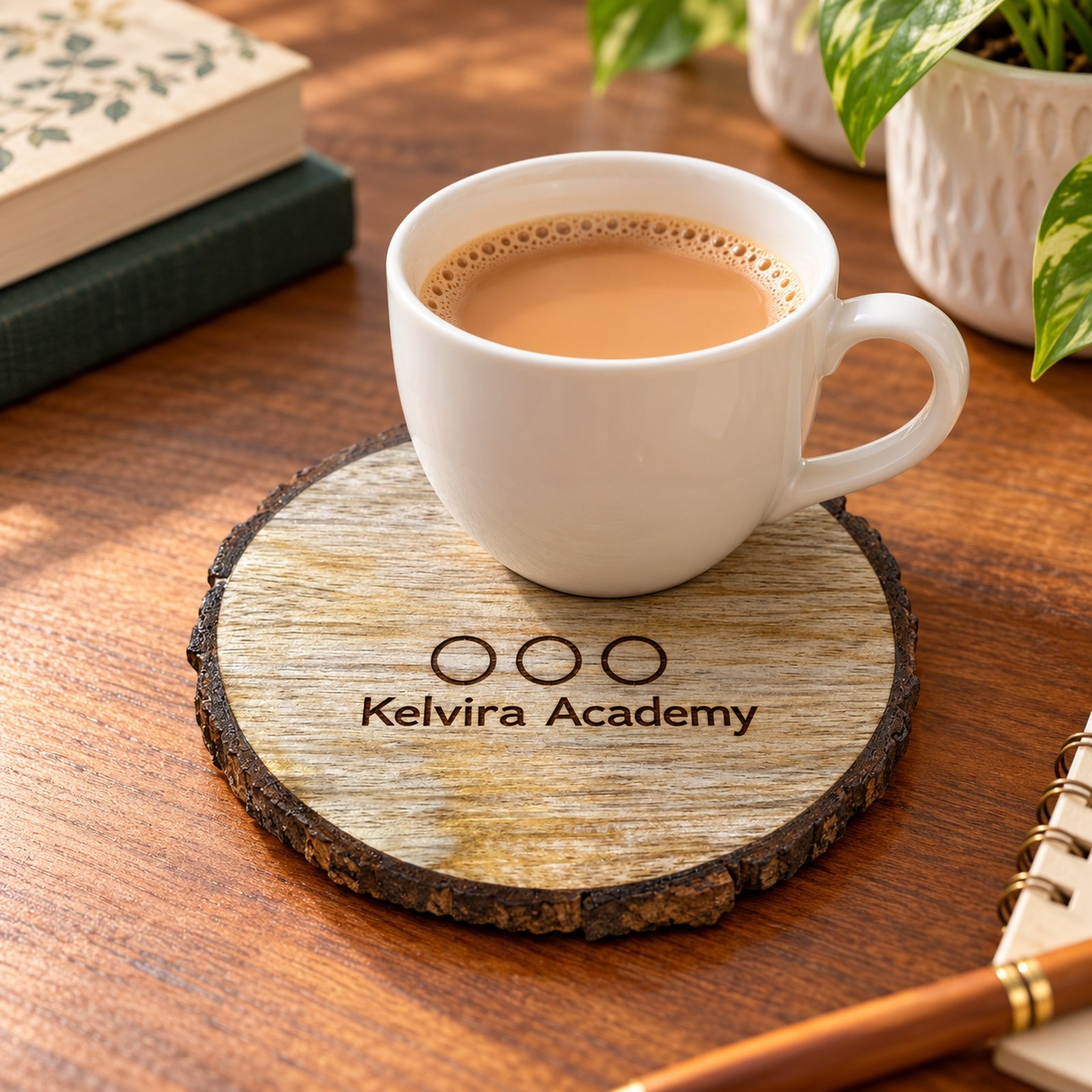 Mango Wood Coaster with Bark, shown in use